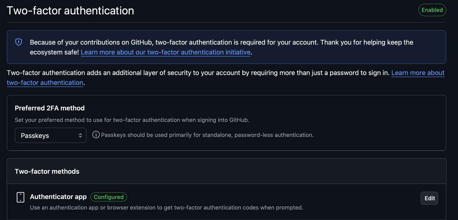 Two-factor authentication が Enabled になった状態. ここが Enabled なら設定は済んでいる