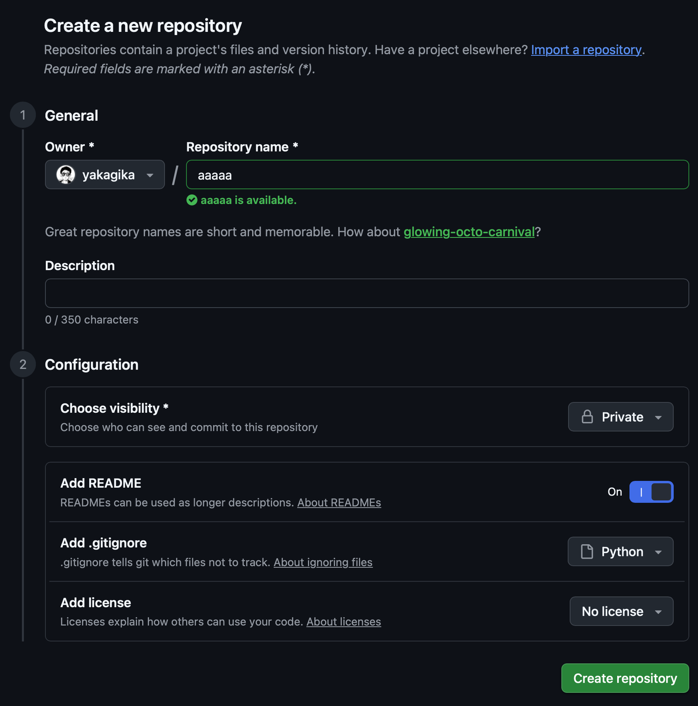 リポジトリ作成の入力画面. visibility を Private, Add README を On, .gitignore を Python にした状態