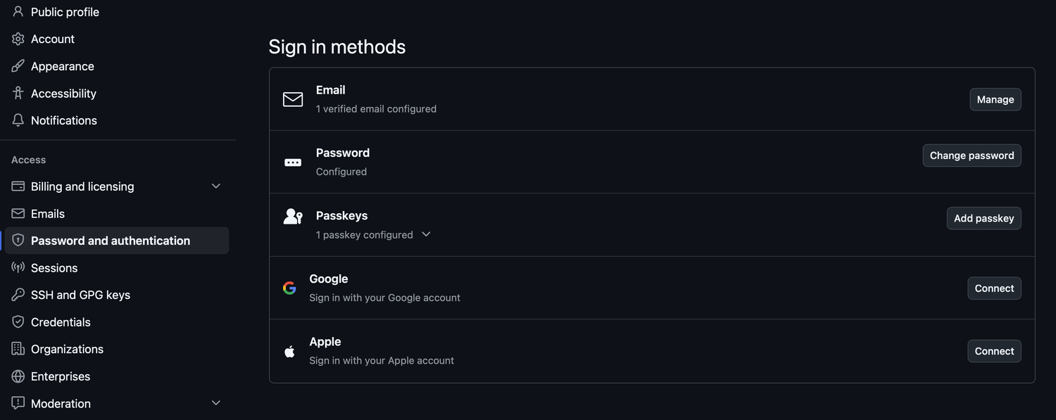 Settings の Password and authentication. 二段階認証の設定はこのページの下にある