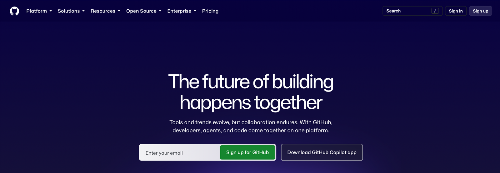 GitHub のトップページ. アカウントの作成は右上の Sign up から始める