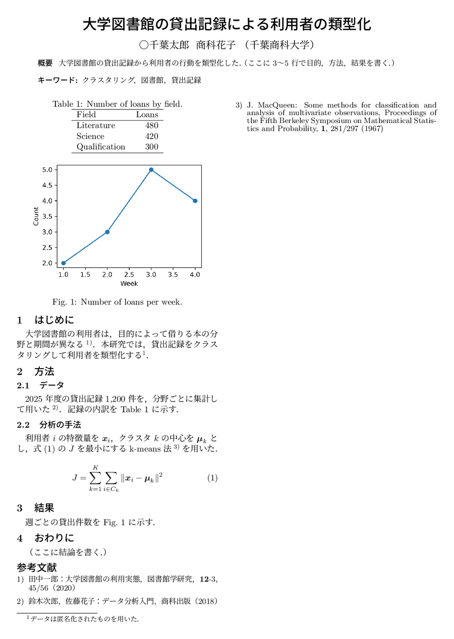 骨組みをビルドした結果. 題目からキーワードまでが 1 段組, 本文と参考文献が 2 段組になり, 図, 表, 数式, 脚注, 参考文献に番号が振られている