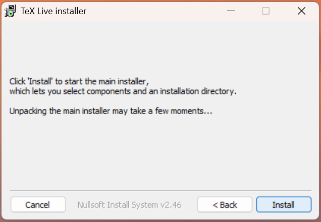 最初に開く TeX Live installer の画面. 右下に Install のボタンがある
